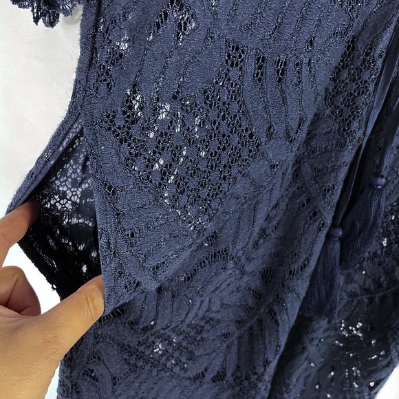 Figue Lace Midi Dress Black V-Neck Button Down‎ Tasseled Short Sleeve Sz S - Picture 4 of 7
